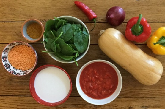 vegetables and bowls of coconut milk, lentils, spinach, chopped tomatoes