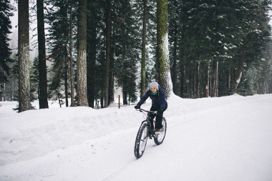 person cycling in the snow