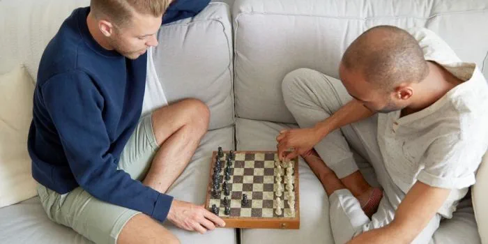 two people playing chess on the sofa