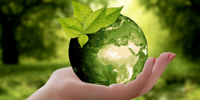 A hand holding a green Earth