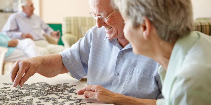 two people in a care home completing a puzzle