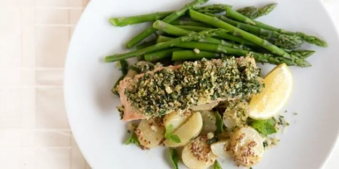 dinner plate with salmon and vegetables