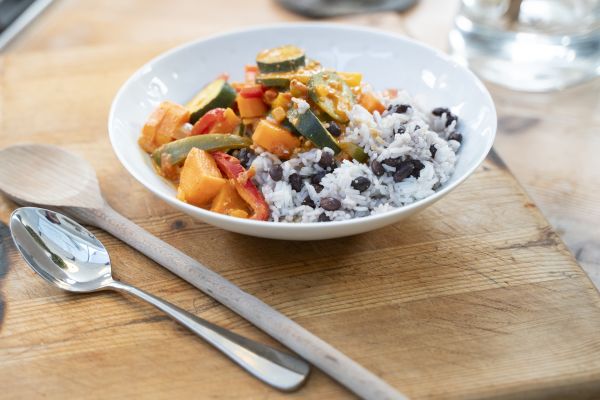 sweet potato curry with rice and beans