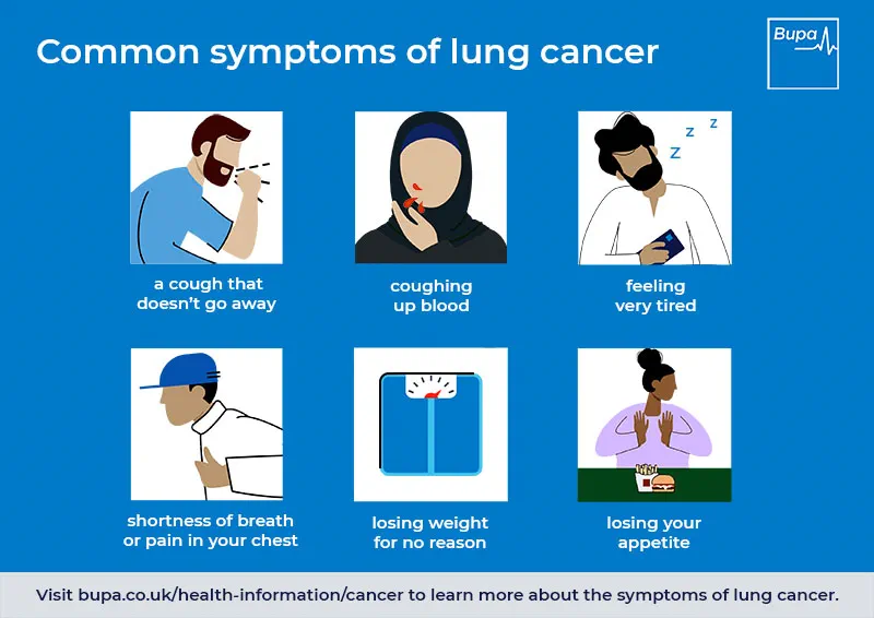 Infographic describing the common symptoms of lung cancer. A cough that doesn't go away; coughing up blood; feeling very tired; shortness of breath or pain in your chest; losing weight for no reason; losing your appetite.