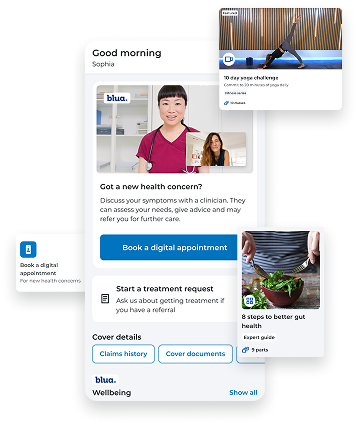 My Bupa app screen showing healthcare management features and digital health services