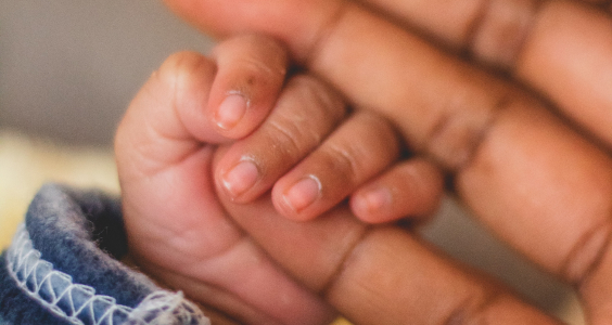 A newborn baby and parent holding hands 
