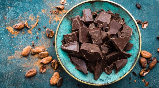 Bowl of dark chocolate pieces in blue bowl