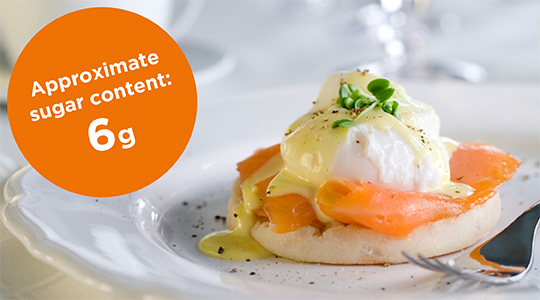 Photo of a poached egg with smoked salmon on a English muffin with a creamy sauce