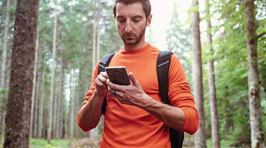 man hiking through the woods using his phone