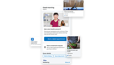 My Bupa app screen showing healthcare management features and digital health services