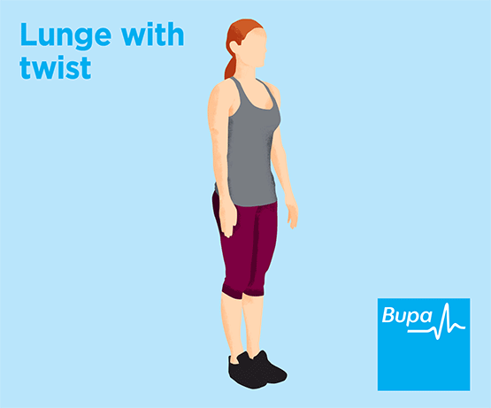 A GIF demonstrating a lunge with twist exercise