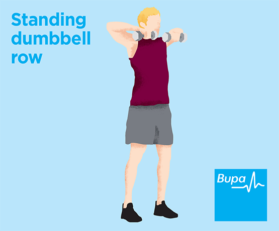 A GIF demonstrating standing dumbbell row exercise